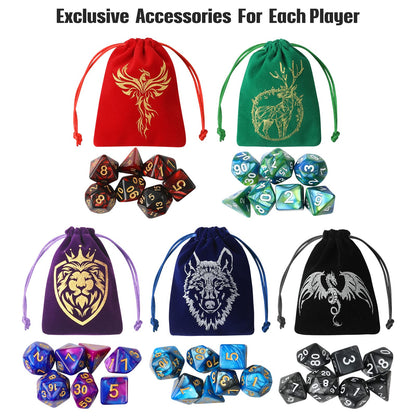 Grajar 35Pcs DND Dice Set with 5 Colorful Animal Patterned Dice Pouches, Polyhedral Dice Sets for Dungeons and Dragons D&D TTRPG MTG Table Role Playing Games