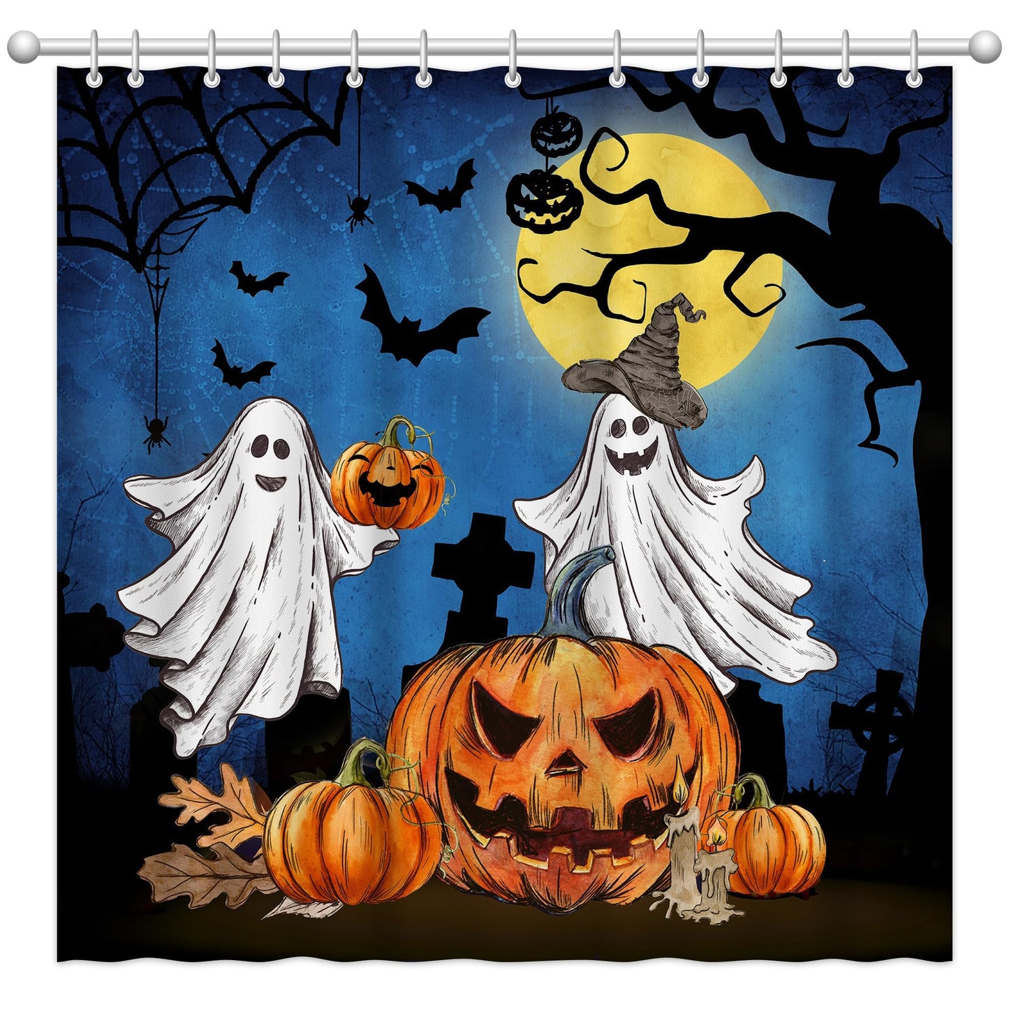 pinata Halloween Shower Curtain for Bathroom, Halloween Bathroom Decor, Ghost Shower Curtain Pumpkins Bath Curtains with Hooks 72x72