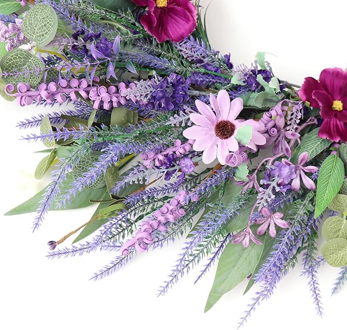 24" Lavender Wreath for Front Door - Artificial Floral Lush Summer Wreath with Adjustable Headband & DIY Decor for Wall, Home, Wedding, Party, Christmas (Purple)