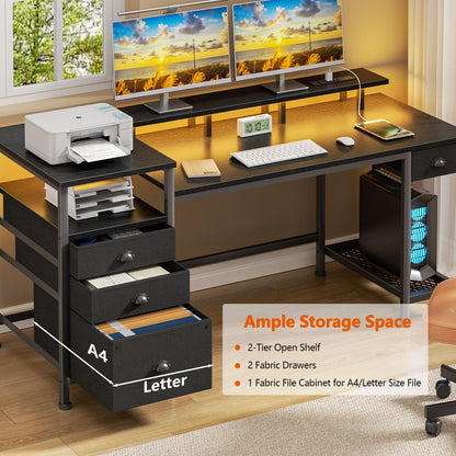 Furologee Black Computer Desk with 4 Drawers, 60" Long Office Desk with Fabric File Cabinet and Power Outlets, Gaming Desk with LED Lights, Study Writing Work Desk for Home Office