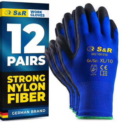 S&R Work Gloves – 12 Pairs, Nylon with PU Coating, Size XL/10 – Protective Gloves for Private & Commercial Use