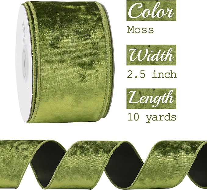 MEEDEE Moss Green Velvet Wired Ribbon 2.5 Inch - 10 Yards Crushed Velvet Christmas Ribbon for Tree Decoration, Wreath Supplies, Crafts Bow Making