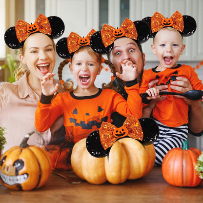 TEBWPIY Halloween Headband - Black Mouse Ears Headband with Shiny Orange Bows and Pumpkin Decoration, Costume Headwear for Girls Women, One Size Fits Most