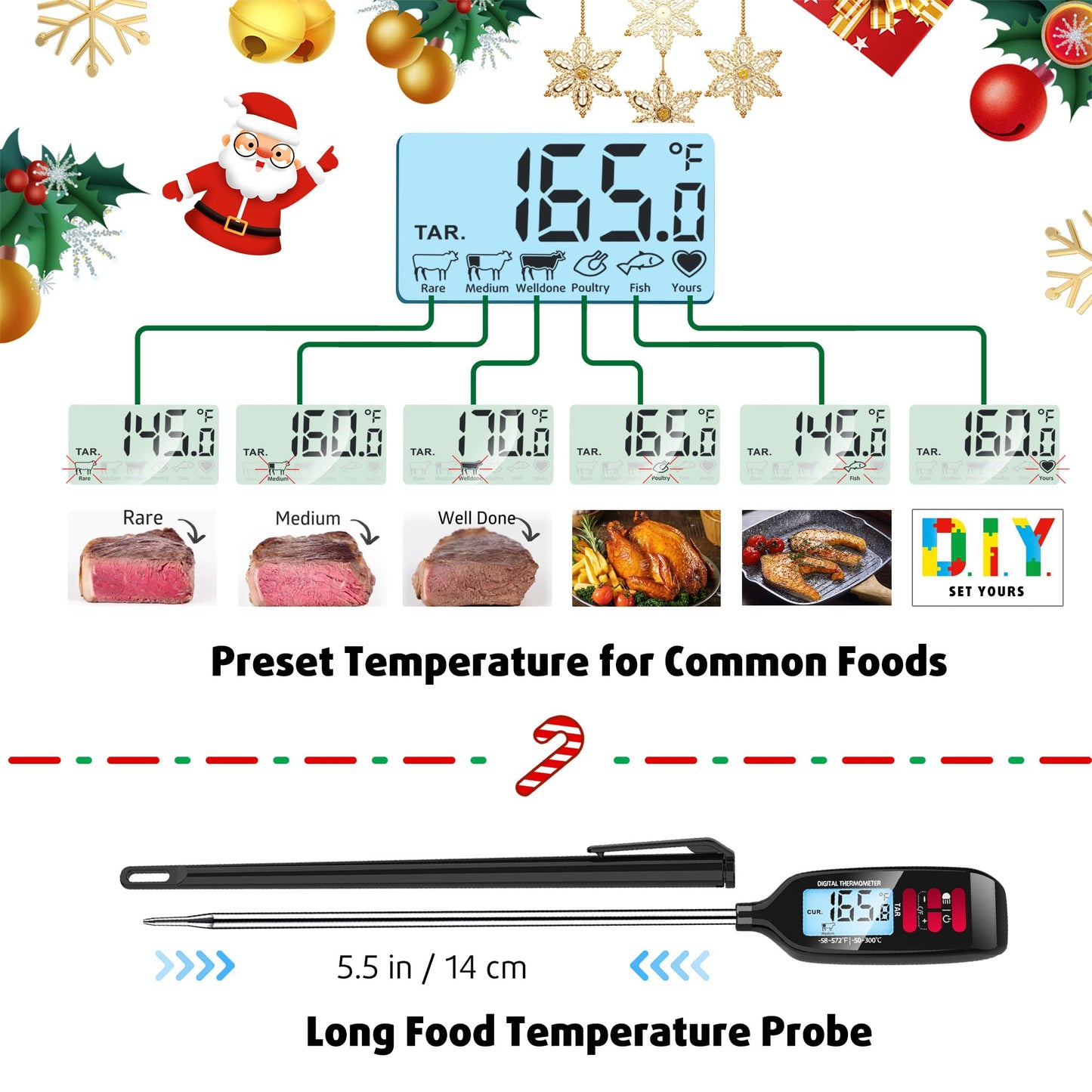 Antonki Meat Thermometer Digital, Smart Instant Read Food Thermometer with Super Long Probe for Cooking Grilling Baking Kitchen Candy BBQ Oil Liquid, Backlit Display, Battery Included
