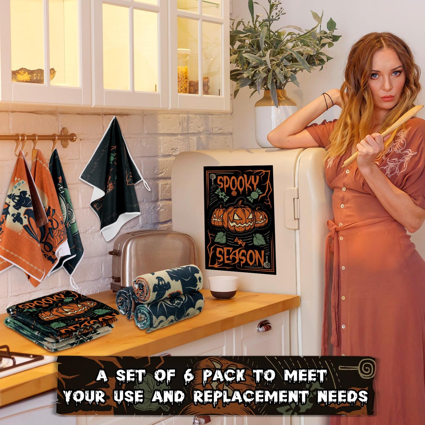 Ganeen 6 Pcs Halloween Kitchen Hand Towels Trick or Treat Towels Spooky Cat Bat Dish Holiday Tea Set Bathroom Decorative 14.2 x 21.3 Inch for Hand Bathroom Guest Holiday, Novel