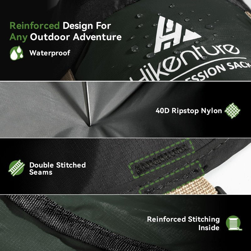 Hikenture Compression Sack for Sleeping Bag, Upgrade Anti-Tear Nylon Sleeping Bag Stuff Sack, 10L/14L/20L/30L Water-Resistant Compression Bag, Storage Bag (Dark Green, 20L)