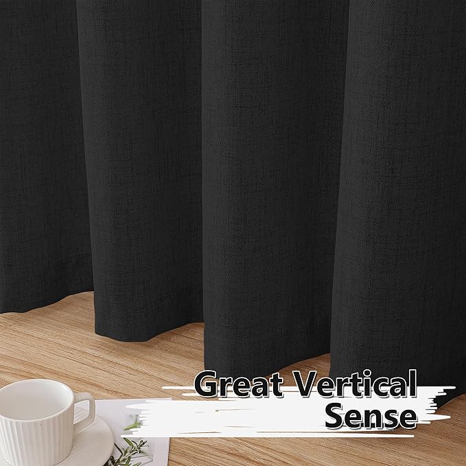 Tollpiz Short Linen Curtain Bedroom Rod Pocket Semi Sheer Curtains Burlap Light Filtering Thick Linen Drape for Living Room, 38 x 54 inches Long, Black, Set of 2 Panels