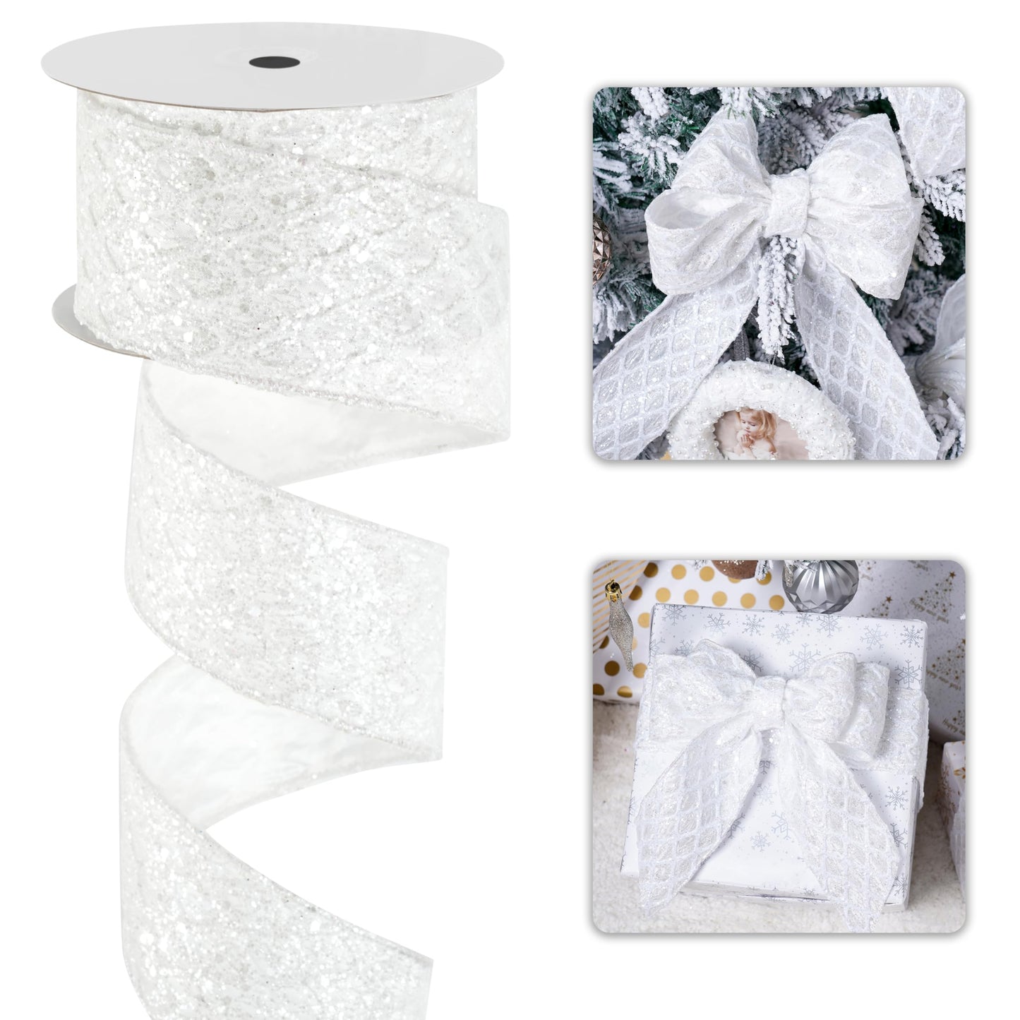 LIZLOVESS White Christmas Ribbon 2.5" Glitter Mesh Wired Ribbon for Christmas Tree White Diamond Honeycomb Ribbon for Gift Wrapping, Crafts, Wreath Supplies, Garland, Tree Topper Bows - 10 Yards