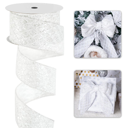 LIZLOVESS White Christmas Ribbon 2.5" Glitter Mesh Wired Ribbon for Christmas Tree White Diamond Honeycomb Ribbon for Gift Wrapping, Crafts, Wreath Supplies, Garland, Tree Topper Bows - 10 Yards