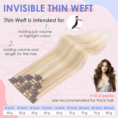 Elailite Clip in Hair Extension Real Human Hair Remy Natural Hair - 8 Pieces (Thin Weft) Full Head Straight - #18/613 Ash Blonde Mix Bleach Blonde - 10 Inch (50 g)