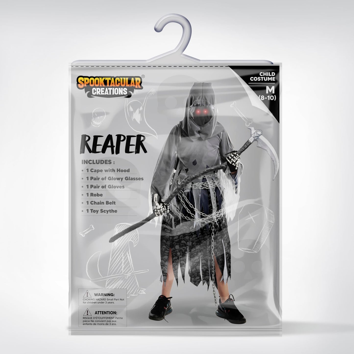 Spooktacular Creations Child Unisex Grim Reaper Costume, Halloween Costume with Glowing Red Eyes for Kids Trick-or-Treating-M(8-10yr)