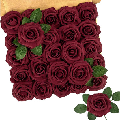 N&T NIETING Artificial Flowers Roses, 25Pcs Red Foam Roses Real Touch Roses with Stems Fake Flowers for Wedding Bridal Bouquets Centerpieces Floral Arrangement Party Home Decoration, Dark Red