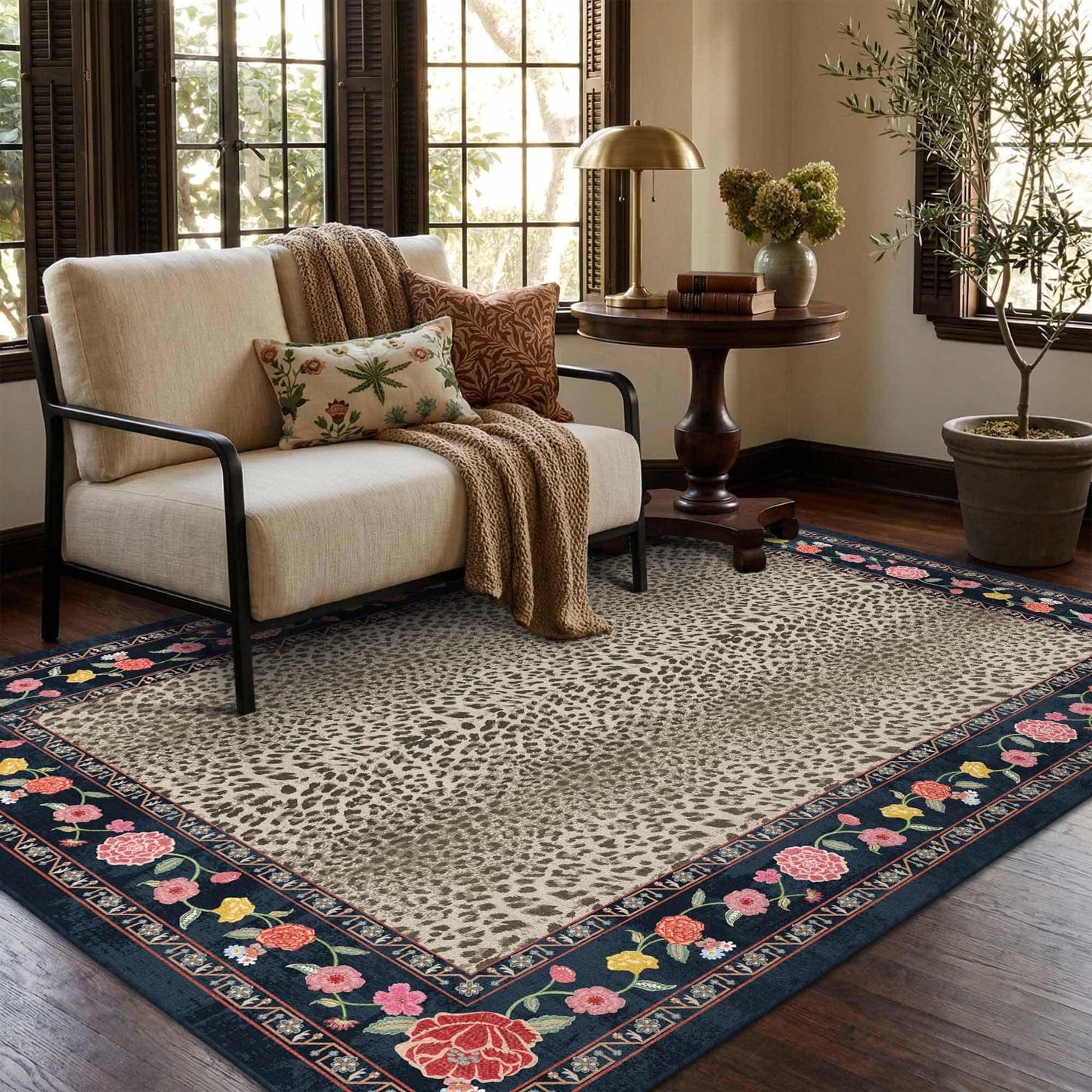 Rugxara 4x6 Leopard Print Rug for Living Room, Machine Washable Area Rug for Bedroom, Non-Slip Low Pile Animal Cheetah Carpet with Rubber Backing for Dining Room Kitchen Home Decor, Brown Blue
