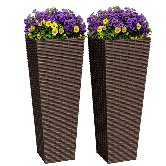 Greesum 24 Inch Tall Plastic Planters with Rattan Texture – Set of 2, Detachable Inner Pot & Drainage Holes, Indoor/Outdoor Decorative Flower Pots for Large Plants, Trees, Patio, and Garden, Brown