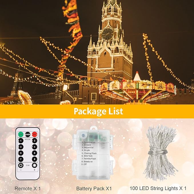 echosari String Lights Battery Powered, 33Ft 100 LED Fairy Lights Warm White Outdoor Christmas String Lights with Remote Dimmable Timer 8 Modes for Wedding Party Garden Decoration