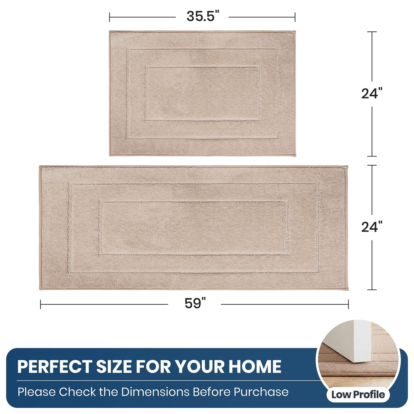 PURRUGS Machine Washable Kitchen Rug Set [2 PCS] (24" x 35.5"+ 24" x 59"), Non-Slip/Skid Kitchen Runner Rugs & Floor Mats, Super Absorbent Soft Standing Mats for Kitchen, Laundry & Sink, Beige