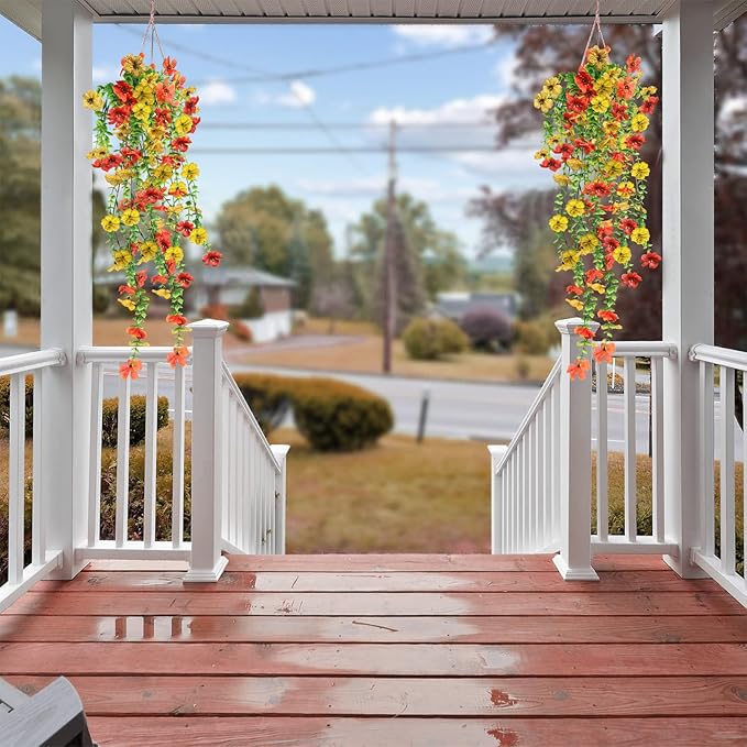 Artificial Flowers for Fall Decor, Artificial Hanging Flowers for Outdoors, 4pcs Realistic Faux Daisy Baskets Fake Plants for Autumn Thanksgiving Garden Front Porch Courtyard Patio (Orange Yellow)