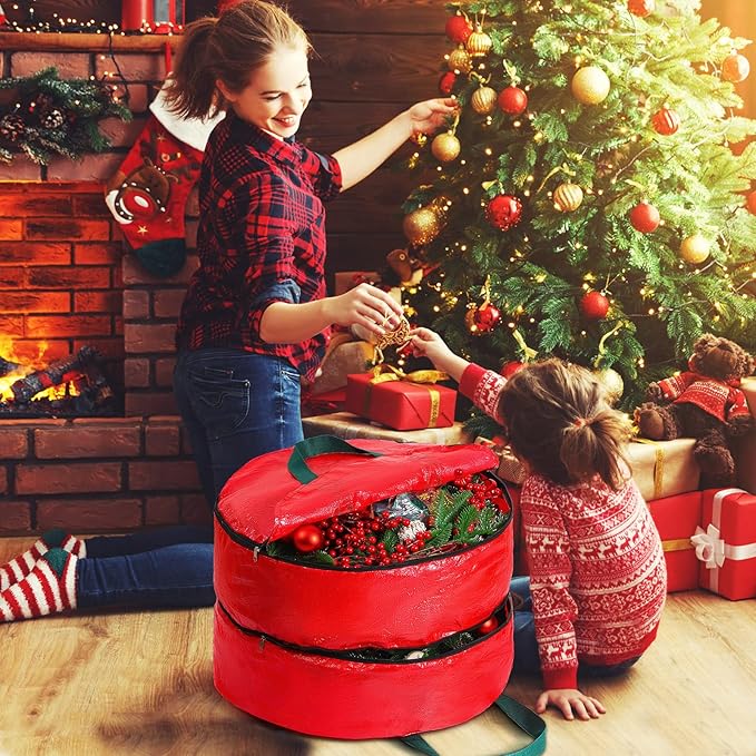 Double Layer Christmas Wreath Storage Container Bag Wreath Storage Pure Color Seasonal Garland Holiday Container Festive Box with Dual Zippers and Handles for Xmas(30 Inch,Red)