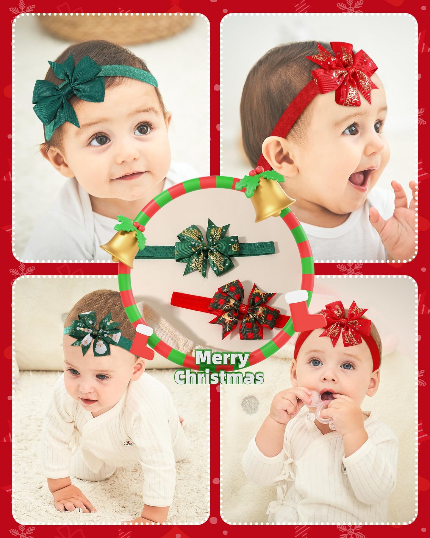jollybows 10pcs Christmas Baby Bows Headbands Soft Stretchy Grosgrain Ribbon Hairbands with Bows Christmas Headbands Hair Accessories for Newborn Baby Girls Infant Toddlers Kids