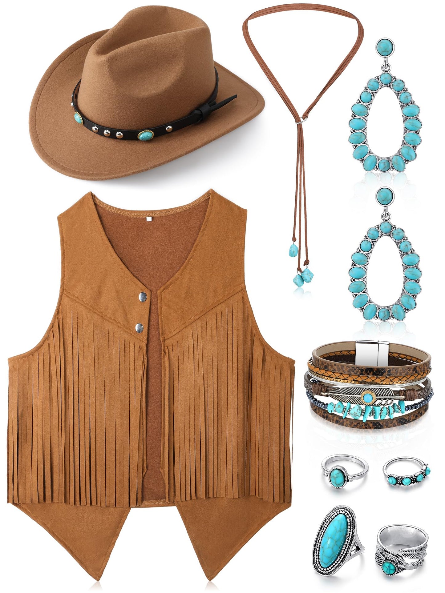 Suhine 9 Pack Western Outfits for Women Cowgirl Fringe Vest Boho Cowboy Hat Turquoise Jewelry Kit for Halloween Costume(Small,Khaki)