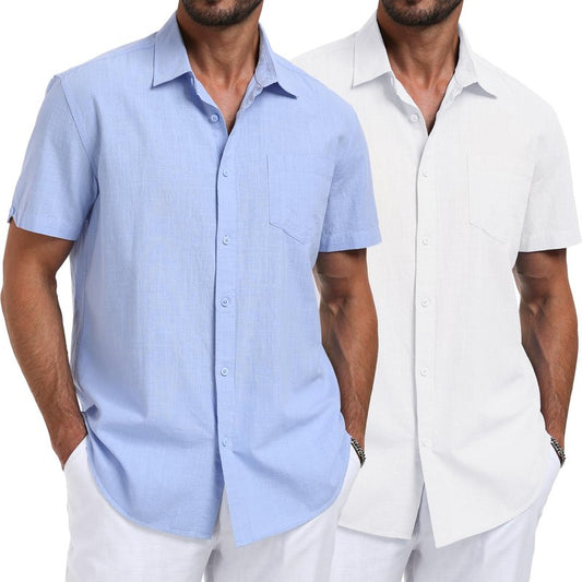 MLYENX 3 Pack Mens Linen Shirts Button Down Short Sleeve Shirt Casual Summer Beach Vacation Tops with Pocket