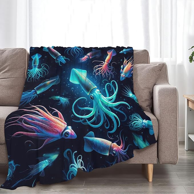 Squid Blanket Decor Gifts for Squid Lovers, Flannel Fleece Fuzzy Throw Blankets, Soft Warm Cozy Plush Ocean Animal Blanket for Bed Couch Living Room Stuff Decoration for Kids Adult 50"x40"