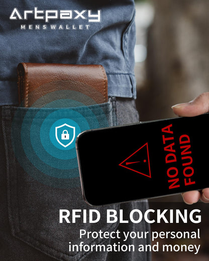 Artpaxy Mens Wallet Genuine Leather Bifold RFID Blocking Wallet for Men with 1 ID Window 13 Card Holders 2 cash pockets 1 Gift Box