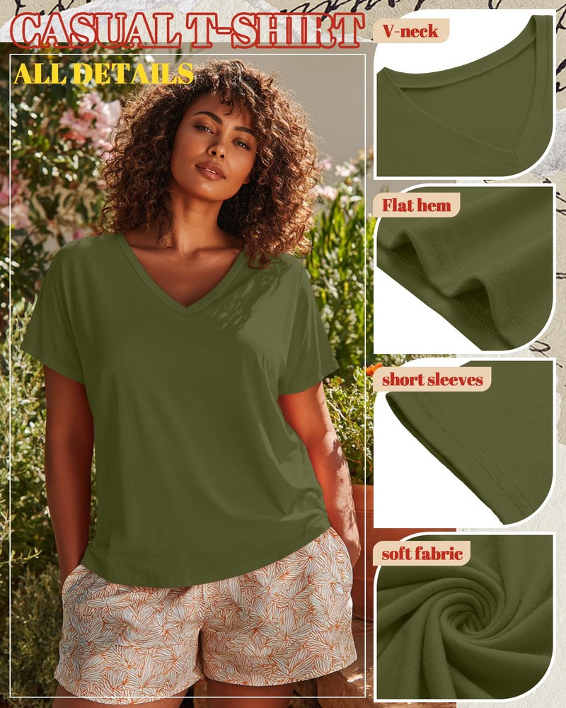 Neer 3 Pack Women's Plus Size T Shirts Short Sleeve V Neck Tops Solid Flat Hem Basic Loose Causal Tees(Black, Light Gray, Army Green,X-Large)