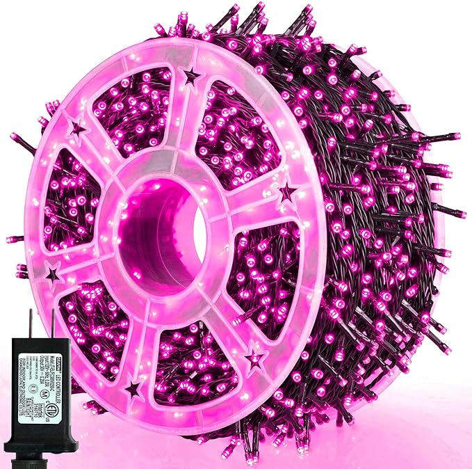 weillsnow Pink Christmas Lights Outdoor, 164 FT 500 LED String Lights Plug in, 8 Modes Waterproof Fairy Lights for Valentines Day, Christmas, Party, Wedding, Bedroom, Garden Decorations