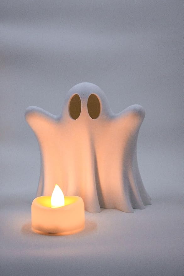 Light Up Ghost Decoration – LED Tea Light Halloween Decor – Cute Spooky Accent for Home, Mantel, Party & Table Centerpiece – Eco-Friendly PLA