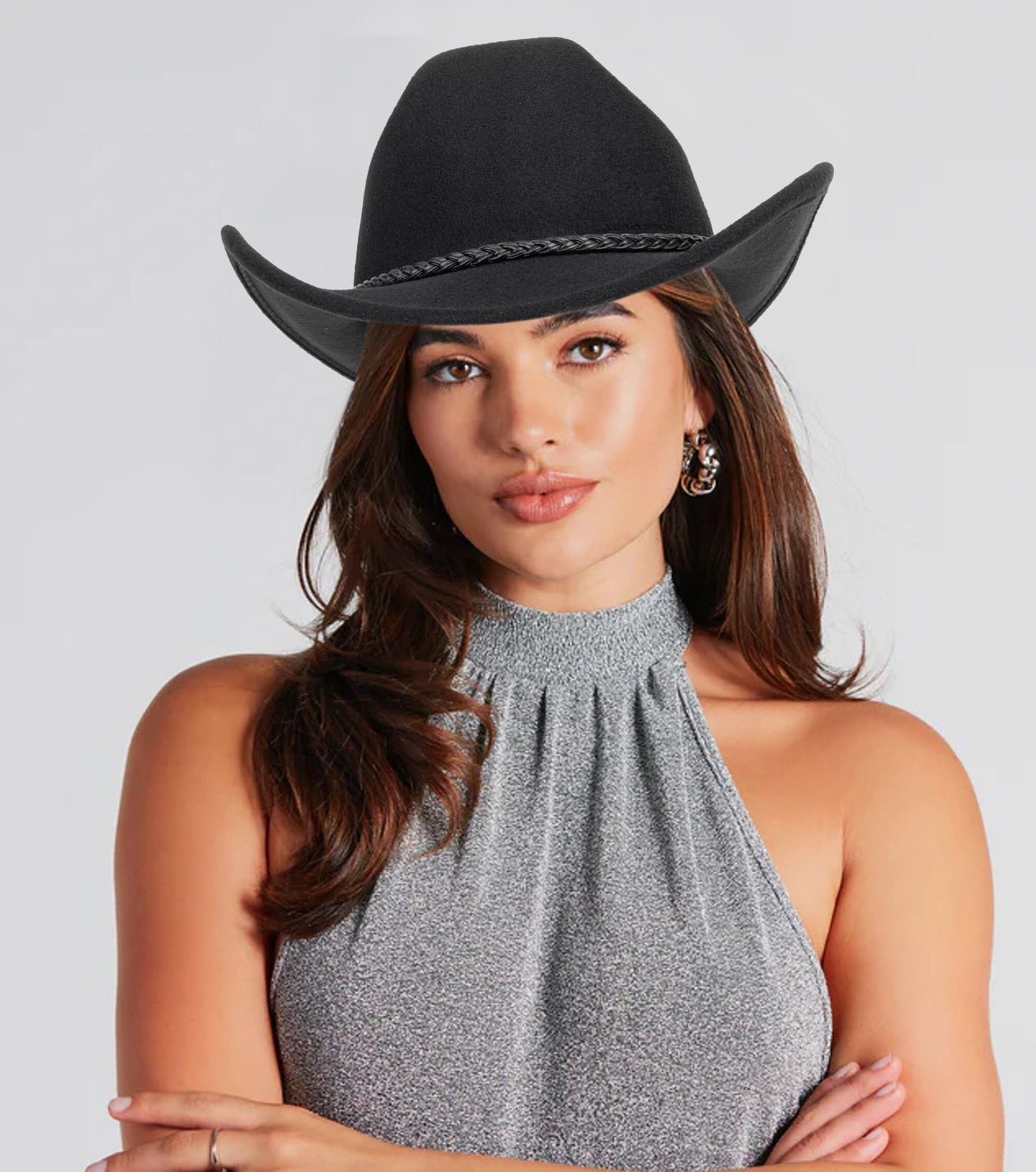 Retro Western Cowboy Hat for Men Women, Wide Brim Felt Cowgirl Fedora Hats with Braided Rope Band M