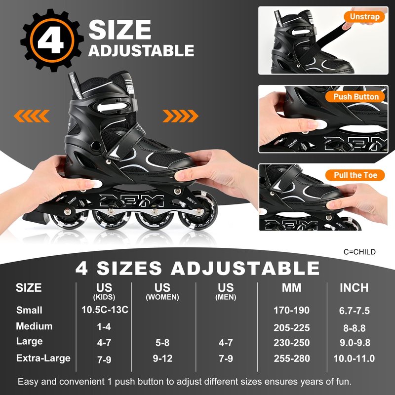 2PM SPORTS Inline Skates for Kids Girls Boys Ages 5-8 8-12 4-6 6-12 with Light Up Wheels, Adjustable Roller Skates Blades for Adults Men Women Male Beginners Youths, Black Large