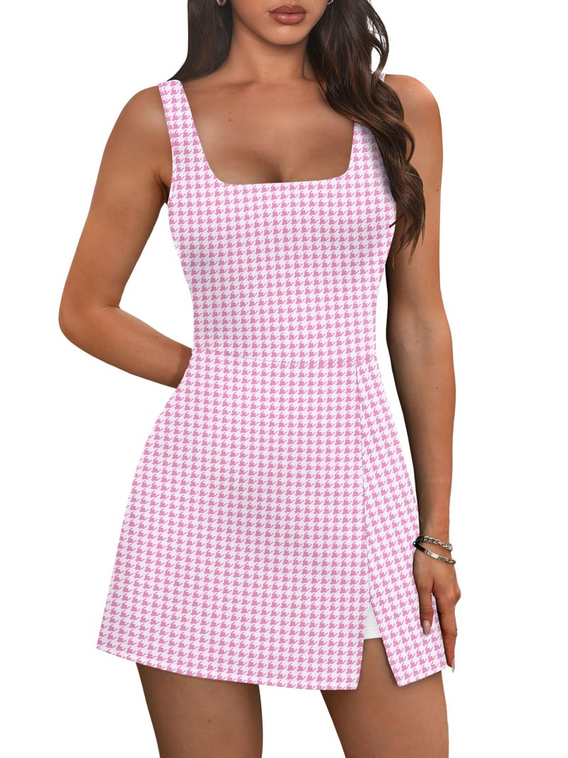 OFEEFAN Womens Athletic Dress Tennis Golf Bodycon Workout Active Skort Summer Clothes Casual Graduation Concert Date Spring Outfits Pink Houndstooth XL
