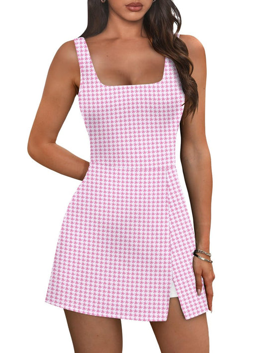 OFEEFAN Womens Athletic Dress Tennis Golf Bodycon Workout Active Skort Summer Clothes Casual Graduation Concert Date Spring Outfits Pink Houndstooth XL