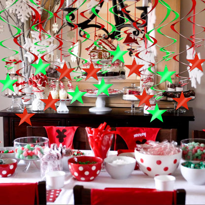 BEISHIDA Red Green Star Hanging Swirl Christmas Decorations Ceiling Hanging Party Supplies for Christmas Birthday Wedding Decorations, Pack of 15