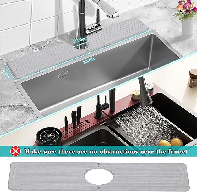 Stone Faucet Mat for Kitchen Sink, 23.6" Diatomite Drying Stone Kitchen Sink