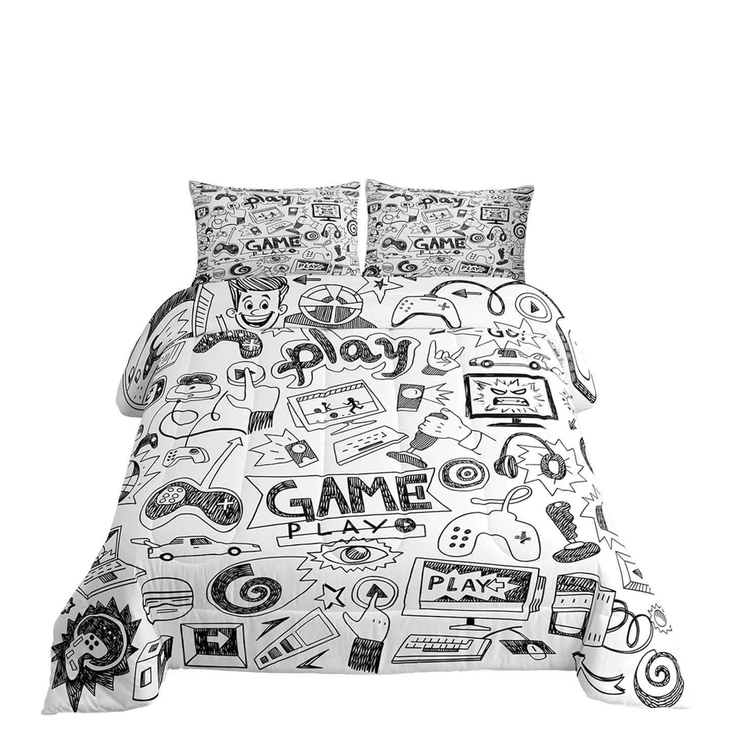 Erosebridal Gaming Comforter Set, Kids Gamepad Cartoon Bedding Set Video Games Gamers Duvet Set Queen Hip Hop Graffiti Quilt Set Racing Car Comforter Set, Black White Printed Bedroom Decor