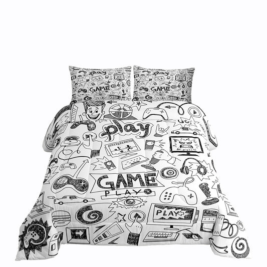 Erosebridal Gaming Comforter Set, Kids Gamepad Cartoon Bedding Set Video Games Gamers Duvet Set Queen Hip Hop Graffiti Quilt Set Racing Car Comforter Set, Black White Printed Bedroom Decor