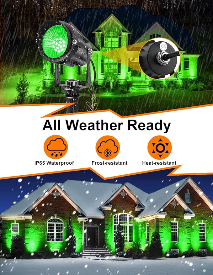 Christmas Green Spotlight Outdoor, 14 LED Landscape Lighting with US Plug, IP65 Waterproof Spotlights for Tree Yard Garden Pathway Halloween St. Patrick's Day Decor 4 Pack