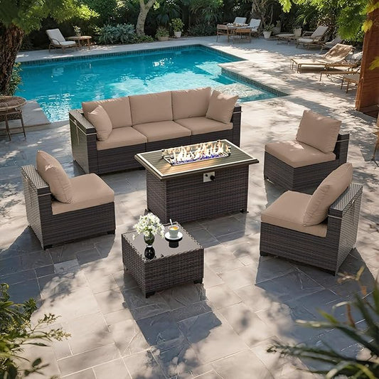ALAULM 8 Pieces Patio Furniture Set with Propane Fire Pit Table Outdoor Sectional Sofas 55000BTU Gas Fire Pit Brown PE Rattan Patio Conversation Set w/6 Seat Cushions-Sand