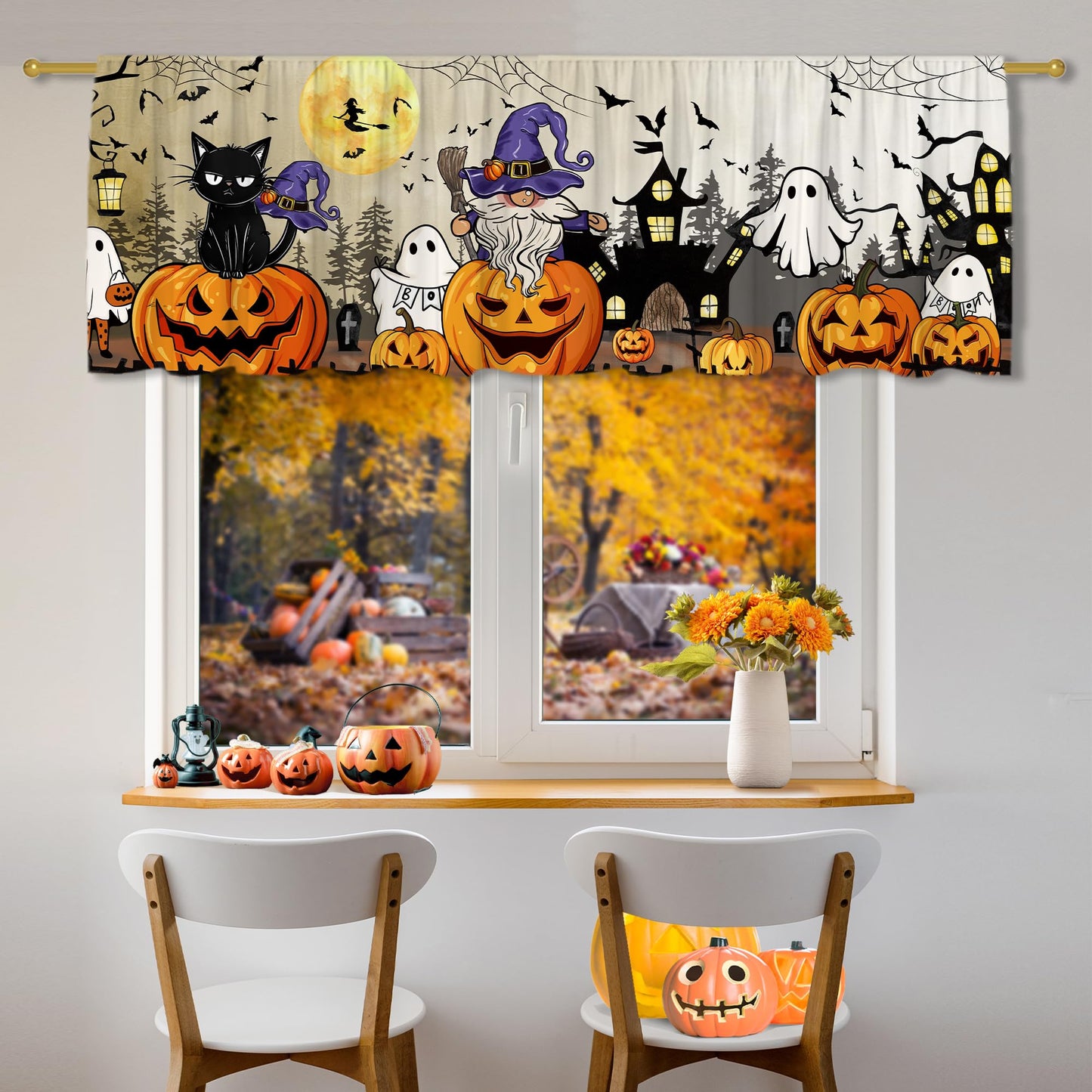 FUTBU Halloween Valance Curtain for Kitchen-Halloween Decorations Window Valance for Living Room Bedroom Scroll -Pumpkin Black Cat Ghost Decor Rod Pocket Valances-Window Treatment Valance 18"X54"
