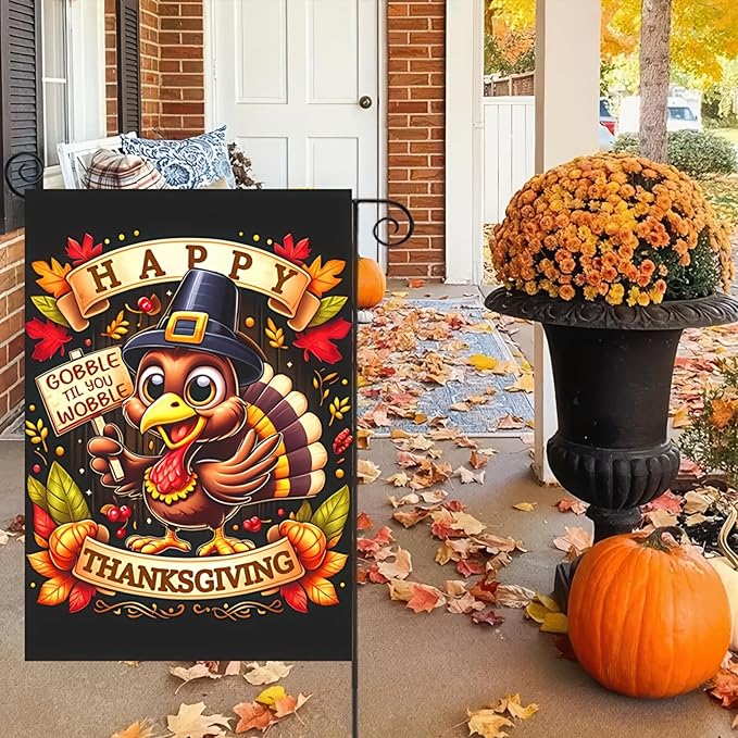 Thanksgiving Turkey Garden Flag Double Sided 12x18 Inch Happy Fall Pumpkin Leaves Yard Flag Autumn Harvest Outdoor Decoration Farmhouse Porch Lawn Banner Seasonal Holiday Home Decor