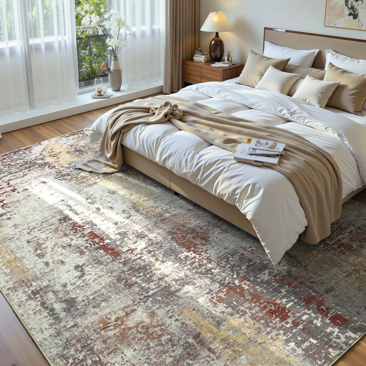 Living Room Rug 7x10 Beige Area Rugs Machine Washable Abstract Boho Large Rug Non-Slip Non-Shedding Faux Wool Indoor Vintage Carpet for Bedroom, Classroom, Dining Room, Kids Playroom