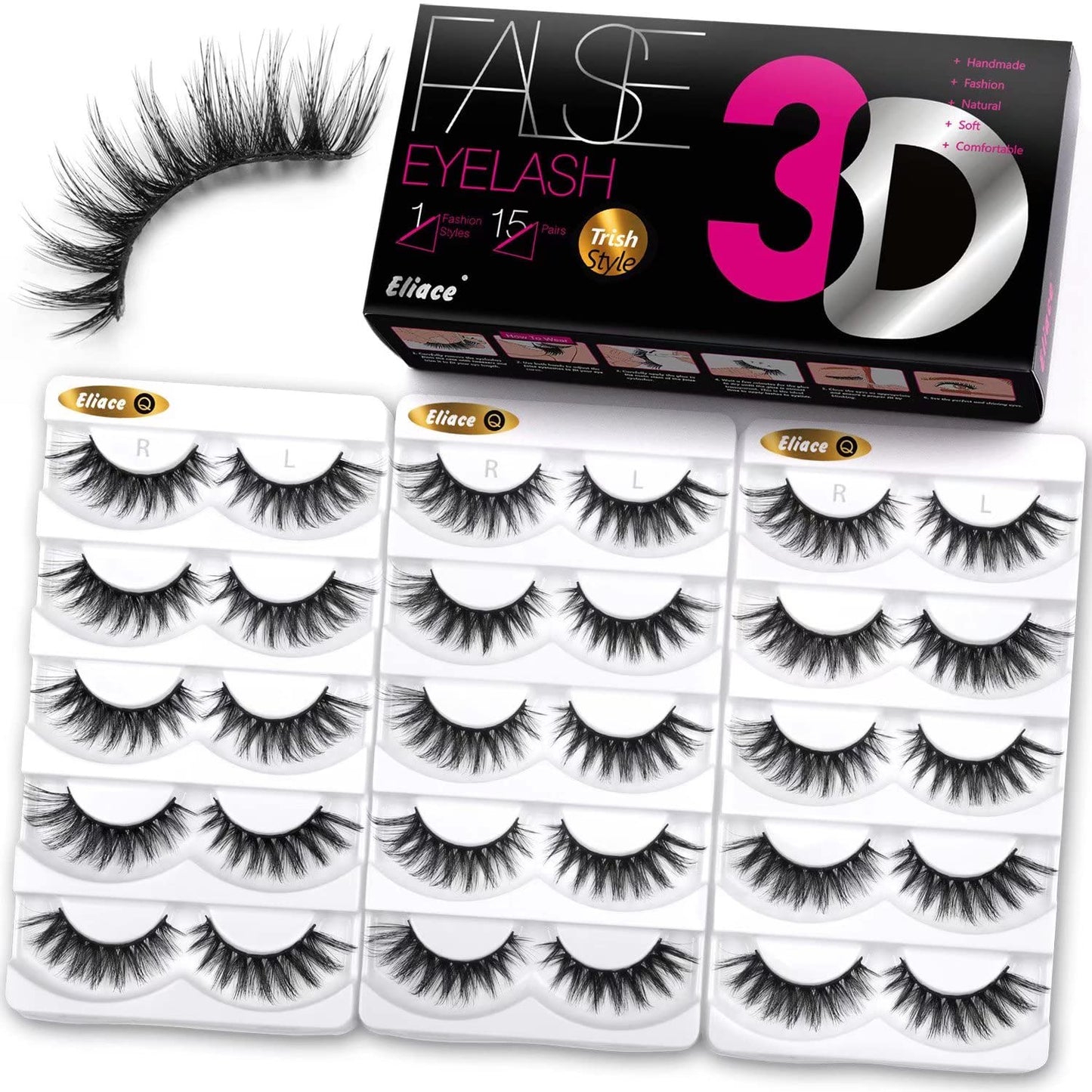 Eliace False Eyelashes 15 Pairs Cat Eye-Lashes 3D Mink Lashes,Spiky Wispy Natural Long Faux Mink Lashes Strips Soft & Reusable Makeup Professional Fake Eyelashes Pack | Trish Style