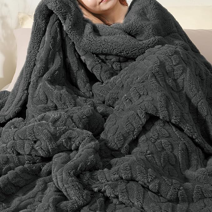 PHF Fluffy Sherpa Blanket Queen Size for Winter, Warm and Soft, 510GSM 3D Jacquard Thick Shaggy Fleece Plush Blanket for Sofa Bed, Dark Grey, 90"x90"