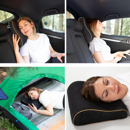 alkamto Travel Pillow - Ergonomic Neck Support Camping Memory Foam Pillow with Temperature-Regulating Pillowcase - Included Waterproof Travel Carry Bag (Black Contour)