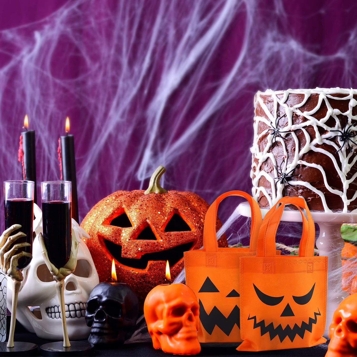 Elcoho 30 Packs Halloween Trick or Treat Non-woven Bags Pumpkin Bag Party Goody Tote Bags Gift Bag (Orange)