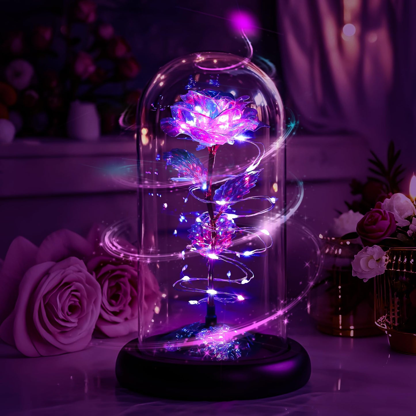 Childom Valentines Day Rose Gifts for Her,Birthday Gifts for Women Mom Mothers Day,Flowers for Delivery Prime,Rotating Purple Light Up Rose in A Glass Dome,Anniversary Valentines Rose Gift for Wife