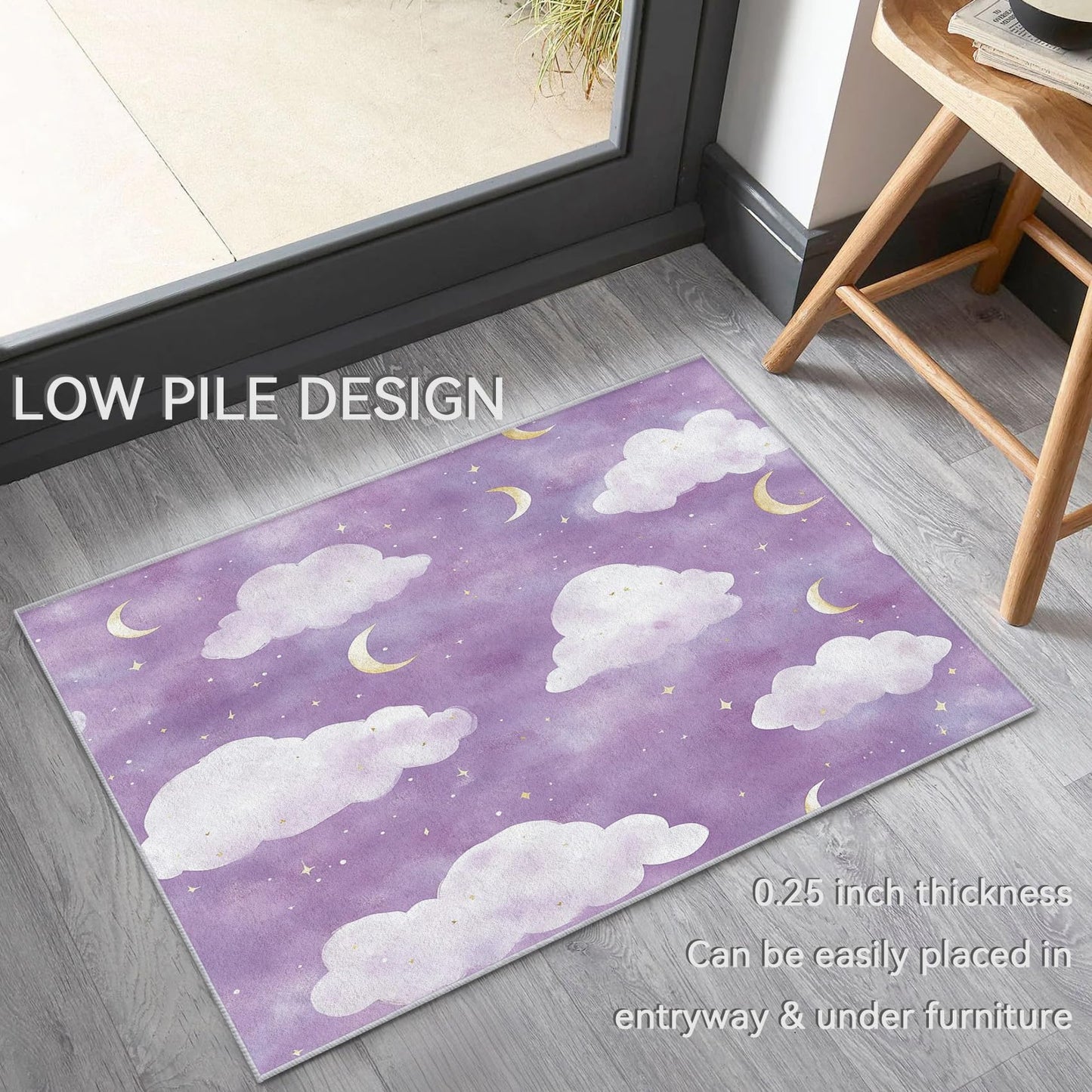Vzdrahelia Purple Cloud Rug 3x4,Moon Star Area Rug Washable,Kids Girls Rugs for Living Room, Bedroom,Cloud Pattern Carpet Home Decor, Non Slip