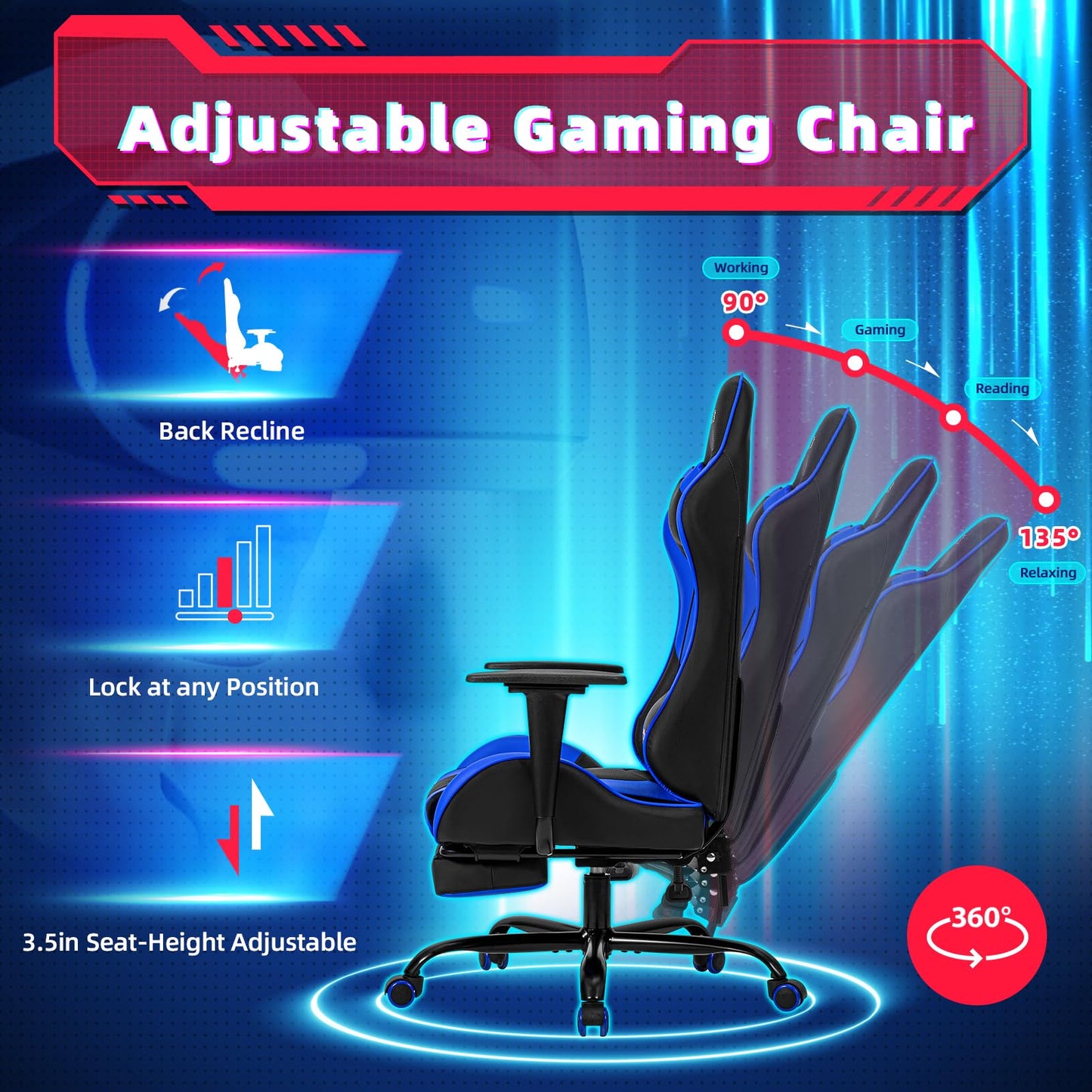 ECOTOUGE PC Massage Gaming Chair with Footrest Ergonomic Office Desk Chair Racing PU Leather Recliner Swivel Rocker with Headrest and Lumbar Pillow, Blue